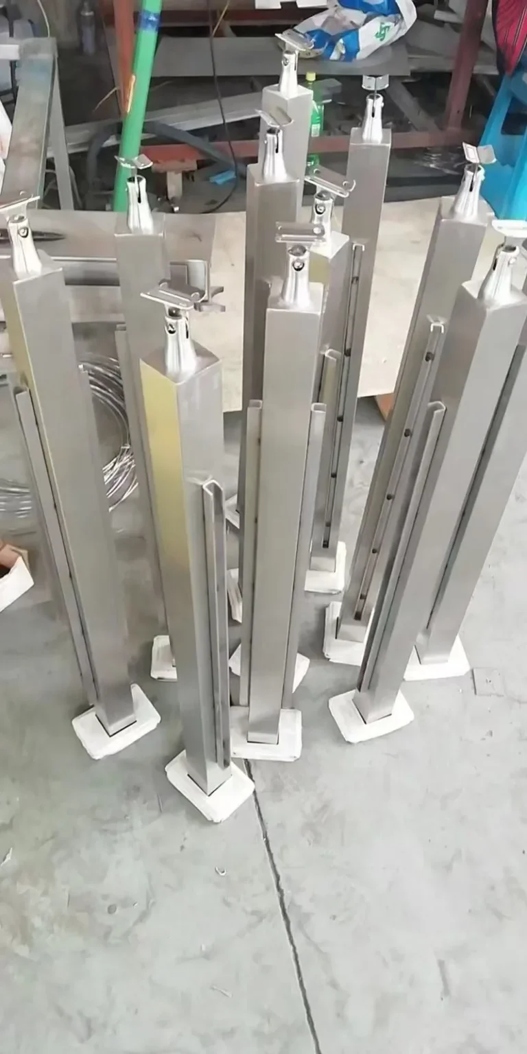 Custom stainless steel railing post variants arranged for purchase order and configuration review