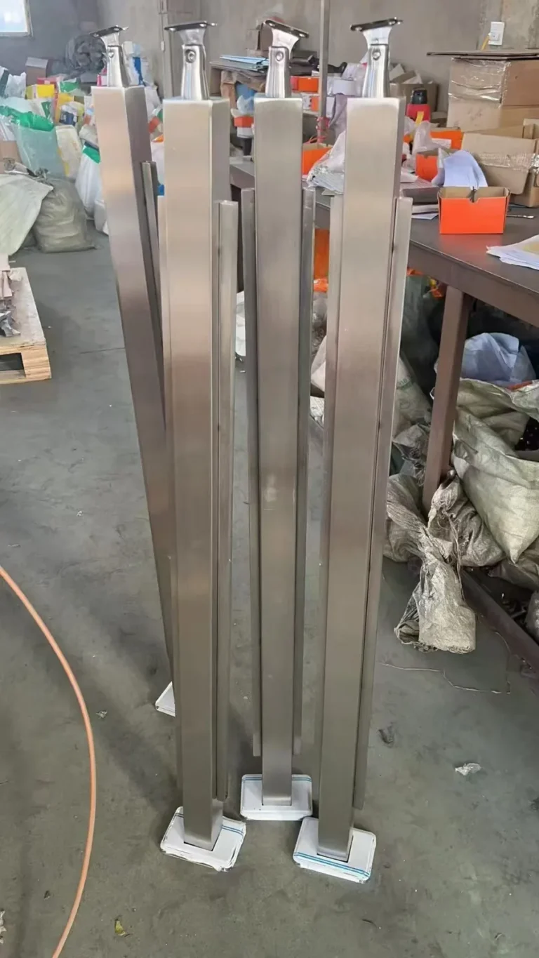 Square stainless steel railing posts with adjustable handrail support saddles