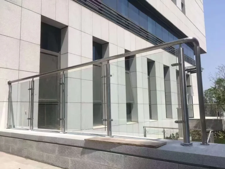 Outdoor stainless steel glass railing posts with finished surfaces exposed to weather